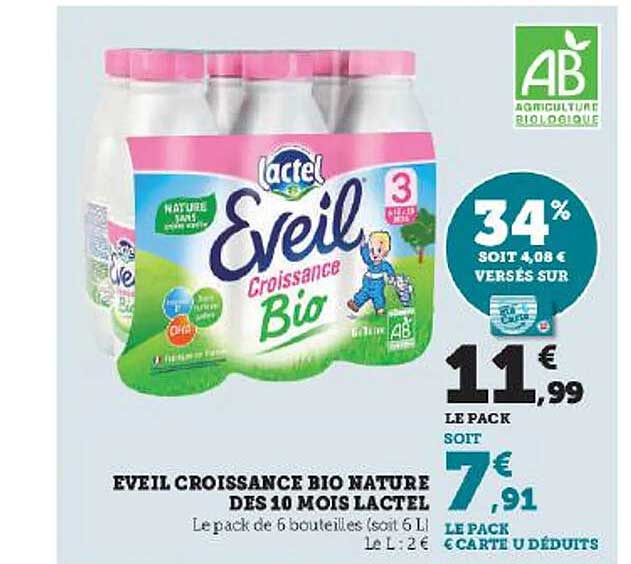 Lactel Éveil Nature 2ème Âge Dès 6 Mois - Lot De 6x1L - Sans Arôme Vanille, Sans Sucres Ajoutés, Avec Vitamine D & DHA