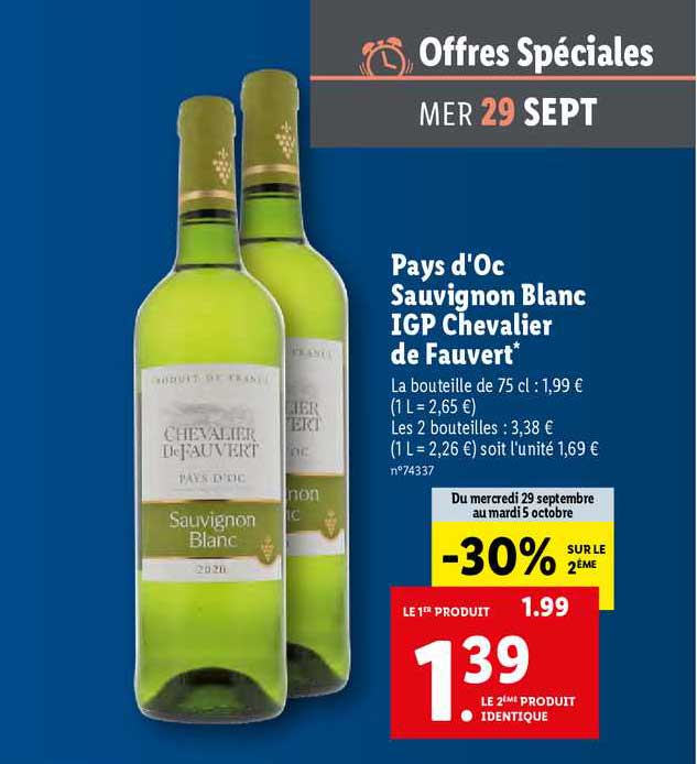 Promo Pays D'oc Sauvignon Blanc Igp Chevalier De Fauvert chez Lidl