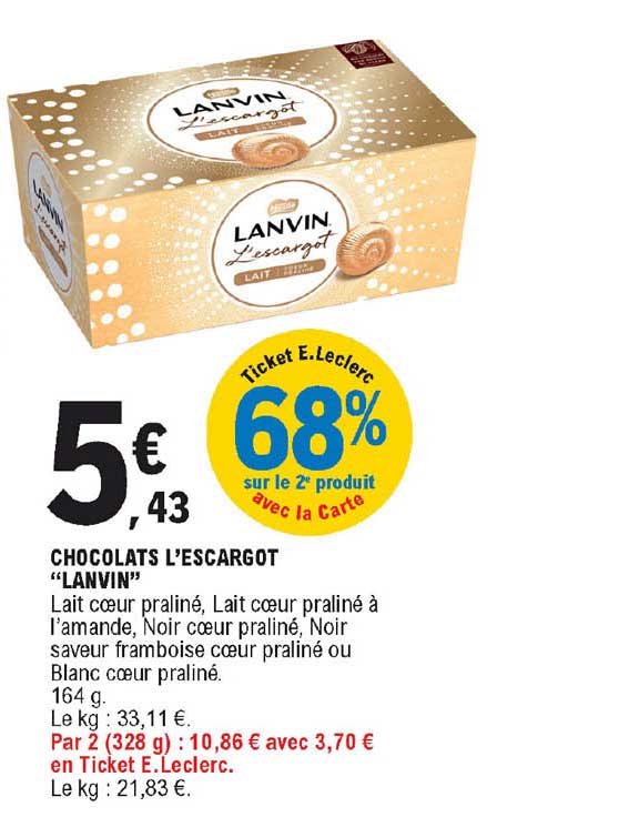 Chocolat escargot au lait praliné LANVIN NESTLE : la boite de 140g à Prix  Carrefour