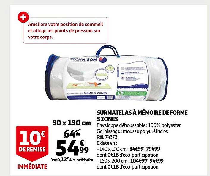 Surmatelas Mémoire De Forme 90x190 Cm - 5 Cm D'épaisseur - Housse Mesh Respirante - Pour Lit, Canapé-lit - Eloneo