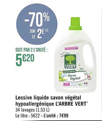 Promo Lessive Liquide Savon Végétal Hypoallergénique L'arbre Vert chez  Casino Supermarchés 