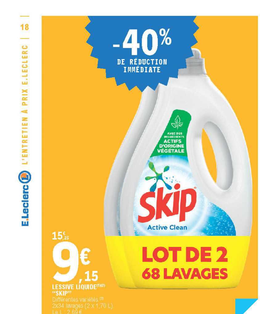 Bon plan Leclerc : - 80% sur le 2ème bidon de lessive Skip Active Clean