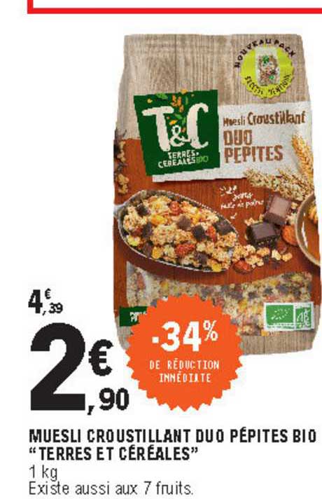 Promo Muesli Croustillant Duo Pépites Bio terres Et Céréales chez  E.Leclerc 