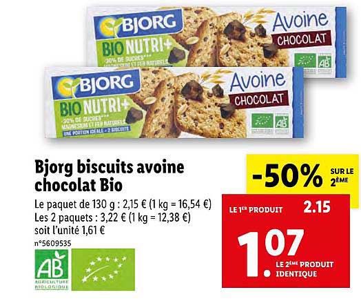 Offre Bjorg Biscuits Avoine Chocolat Bio 50 Sur Le 2eme Chez Lidl