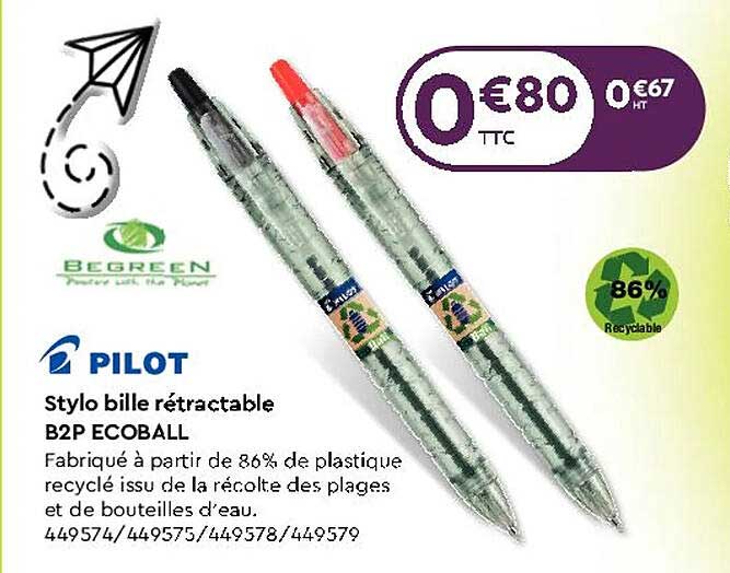 Stylos B2P Ecoball Pilot – Lot De 10 Stylos + 10 Recharges (dont 5 Gratuites) – Encre Douce, Pointe 1 Mm, Fabriqué En France