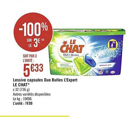 Offre Lessive Capsules Duo Bulles L Expert Le Chat 100 Sur Le 3e Chez Geant Casino