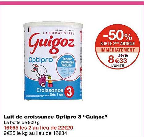 Lait De Croissance Guigoz Optipro Junior 900g - Pour Bébé Dès 18 Mois - Enrichi En Fer Et Vitamines
