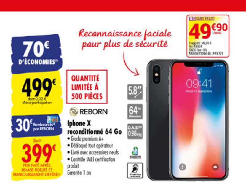 iPhone X reconditionné 64 Go Gris Sidéral REBORN : le smartphone à Prix  Carrefour