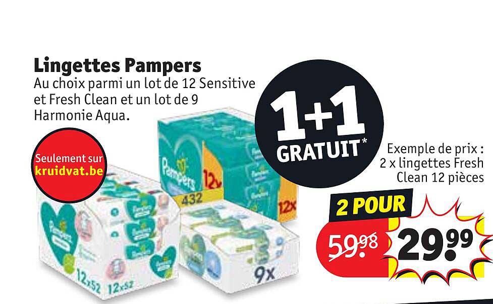 Promo Pampers Lingettes 2x Harmonie Aqua Lingettes 15-pack 1+1 Gratuit chez  Kruidvat