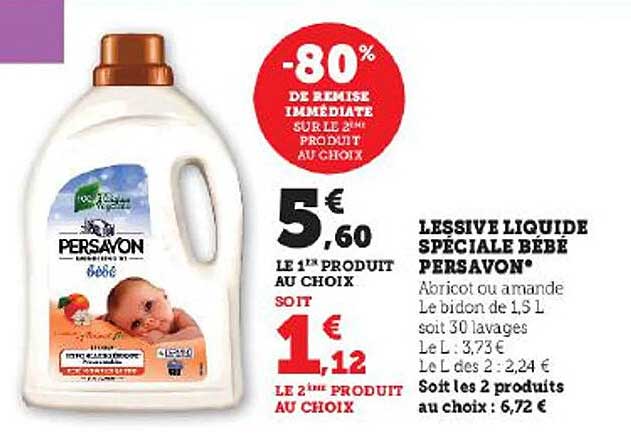 Lessive Liquide Bébé Hypoallergique Amande Bio PERSAVON : le bidon 1,5L à  Prix Carrefour