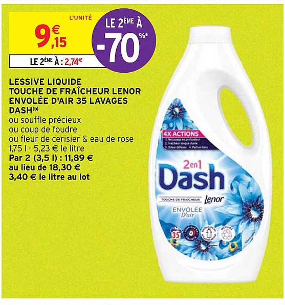DASH Lessive liquide 2 en 1 envolée d'air 70 lavages 2x1.75l pas