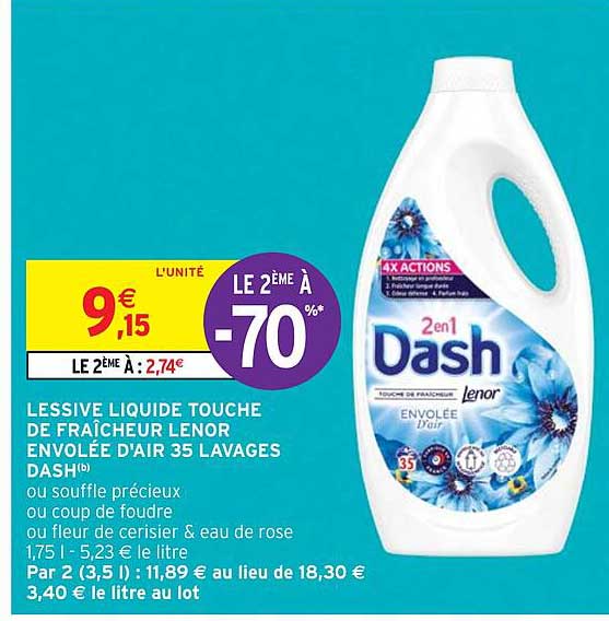 DASH Lessive liquide 2 en 1 envolée d'air 70 lavages 2x1.75l pas cher 