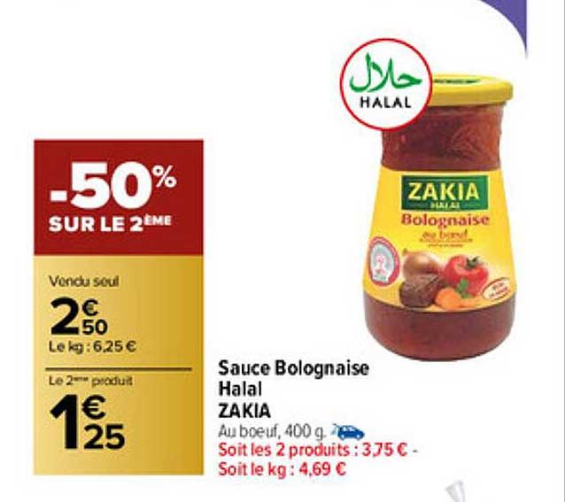 Offre Sauce Bolognaise Halal Zakia chez Carrefour Market