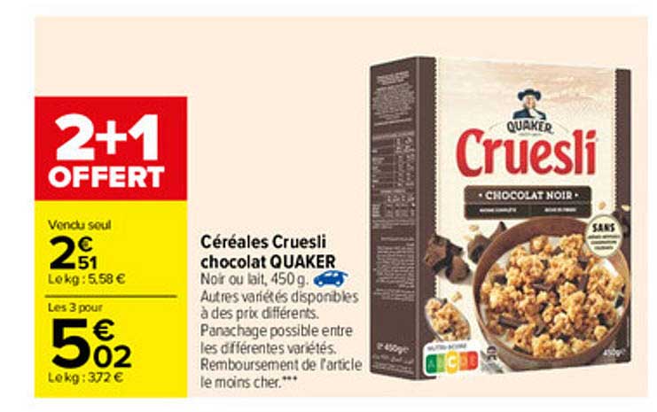 Céréales cruesli chocolat au lait QUAKER : la boite de 900g à Prix Carrefour