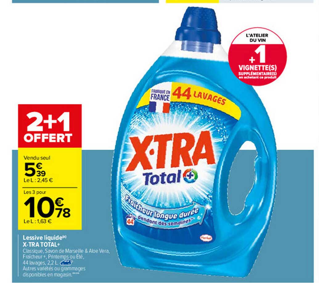Promo Lessive Liquide X-tra Total chez Carrefour 