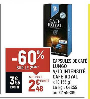 Offre Capsules De Café Lungo 4-10 Intensité Café Royal chez Spar