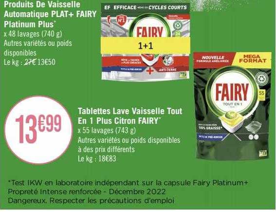 Promo Tablettes lave-vaisselle FAIRY Platinum+ Tout en 1 propreté intense*  chez Géant Casino
