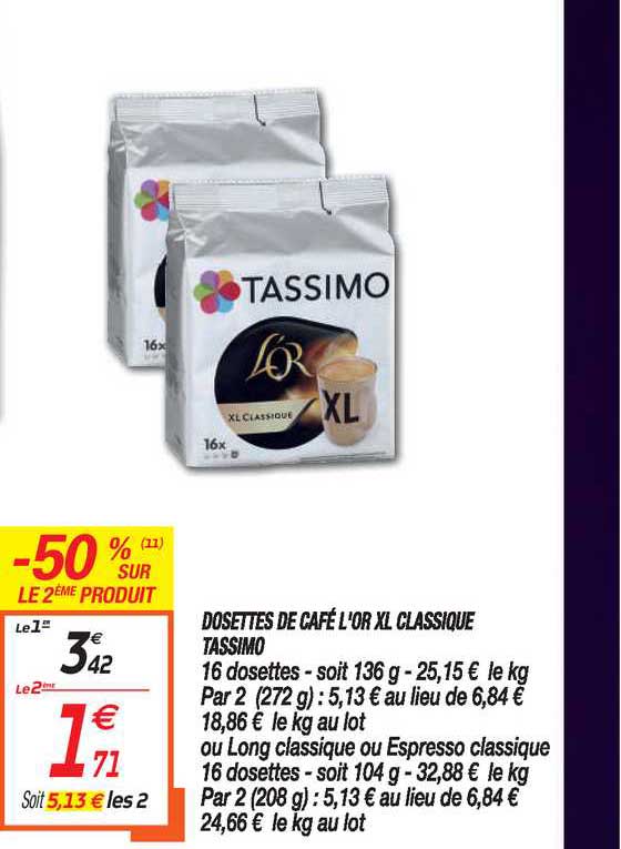 Promo DOSETTES CAFÉ LONG CLASSIQUE L'OR TASSIMO chez Leader Price
