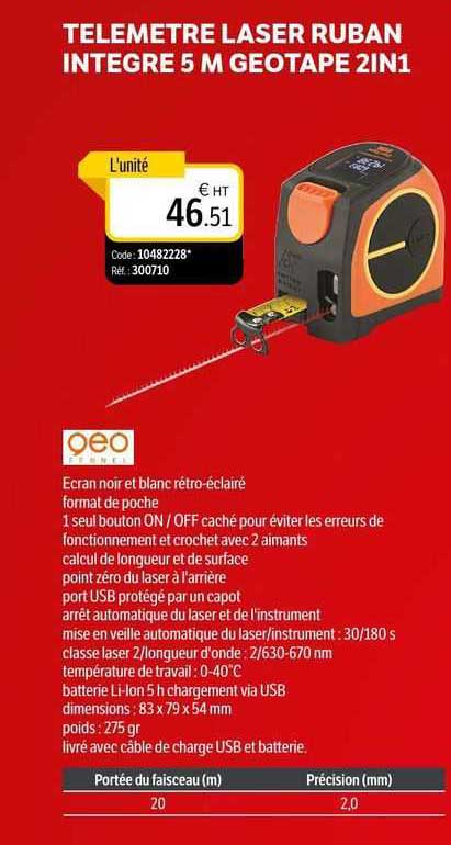 Promo Telemètre Laser Ruban Integré 5m Geotape 2in1 chez DomPro