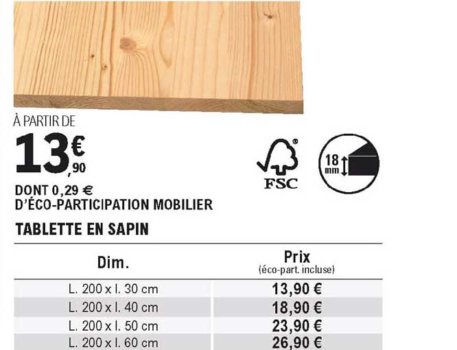Promo Tablette En Sapin chez E.Leclerc Brico iCatalogue.fr — free download