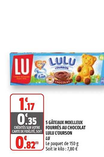 Offre 5 Gateaux Moelleux Fourres Au Chocolat Lulu L Ourson Lu Chez Coccimarket