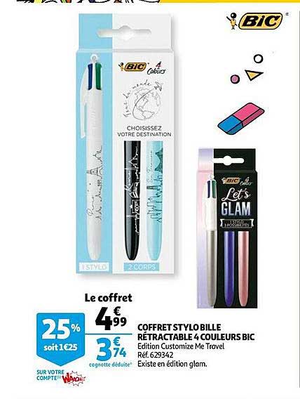 Coffret 3 Stylos BIC 4 Couleurs Pastel Rétractables - Encre Bleu, Rouge, Vert, Noir, Pointe 1.0mm