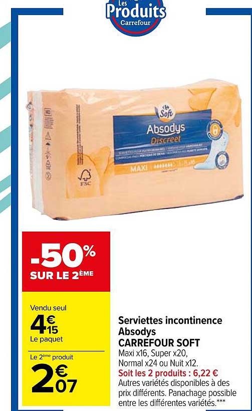 Promo Serviettes Incontinence Absodys Carrefour Soft chez