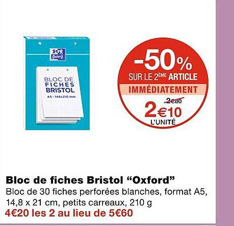 Bloc De Fiches Bristol Oxford - 30 Fiches 12.5x20cm - Quadrillé 5mm - Perforées - Rouge
