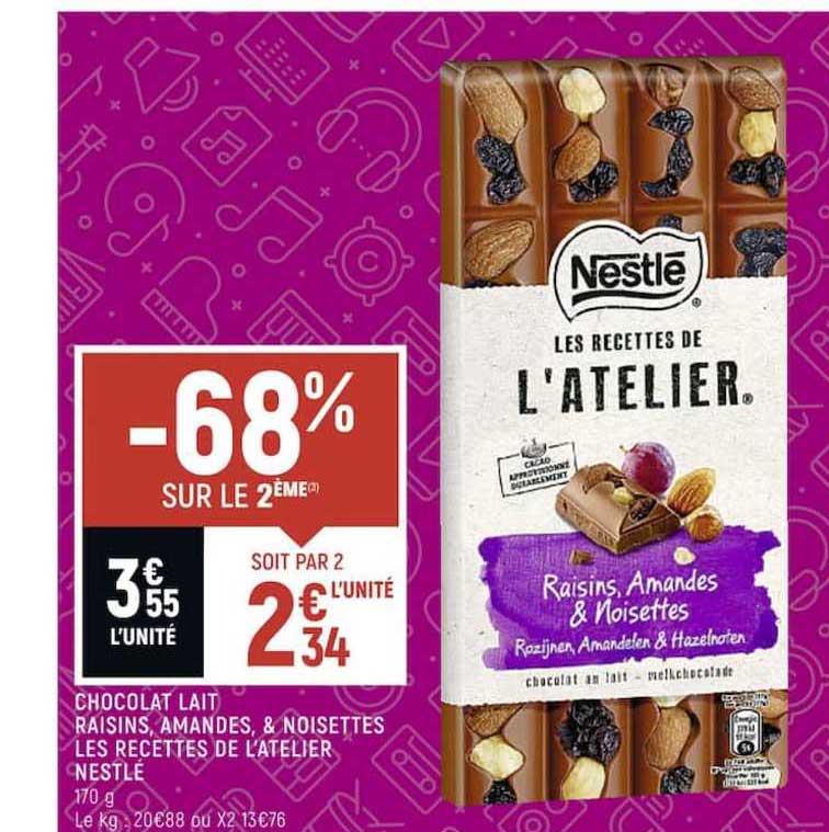 NESTLE L'ATELIER Chocolat au Lait, Raisins, Amandes et Noisettes - 195 g