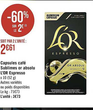 Promo L'OR Espresso Capsules café Sublimes or absolu chez Casino  Supermarchés