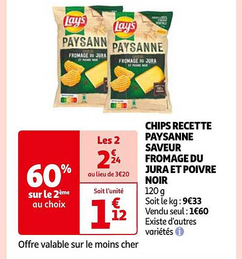Chips recette paysanne saveur fromage du Jura et poivre noir LAY'S : le  sachet de 120g à Prix Carrefour