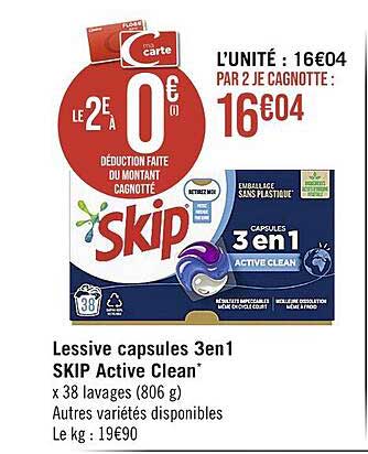 Promo Lessive capsules 3 en 1 Active Clean Skip chez Intermarché Hyper