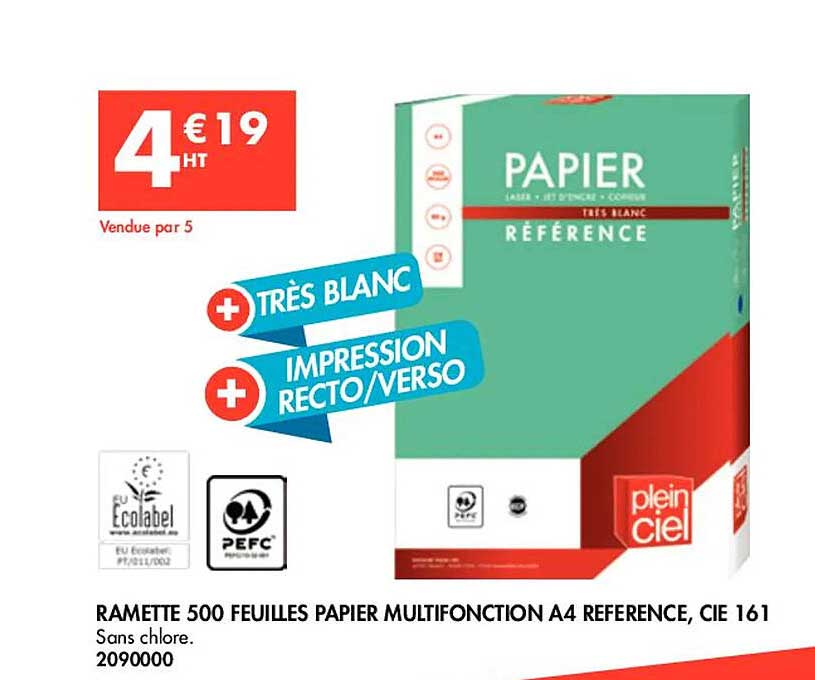 Plein Ciel Ramette 500 Feuilles Papier Multifonction A4 Référence, Cie 161