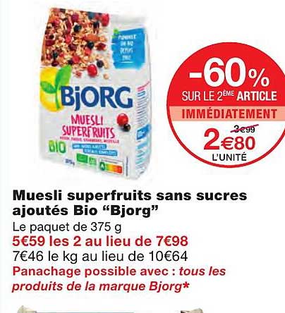 Promo Muesli Superfruits Sans Sucres Ajoutés Bio bjorg chez Monoprix 