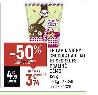 Lapin Vichy au chocolat au lait avec ses œufs praliné Cémoi - 162g