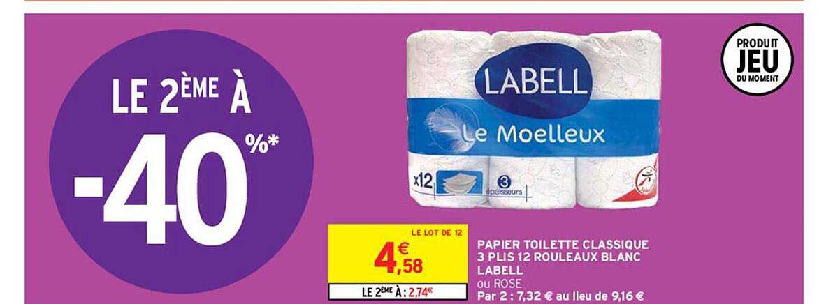 Promo Papier toilette classique 3 plis 12 rouleaux blanc LABELL chez  Intermarché Hyper