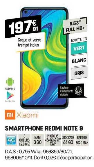 Promo Smartphone Redmi Note 9 Xiaomi chez Electro Dépôt 