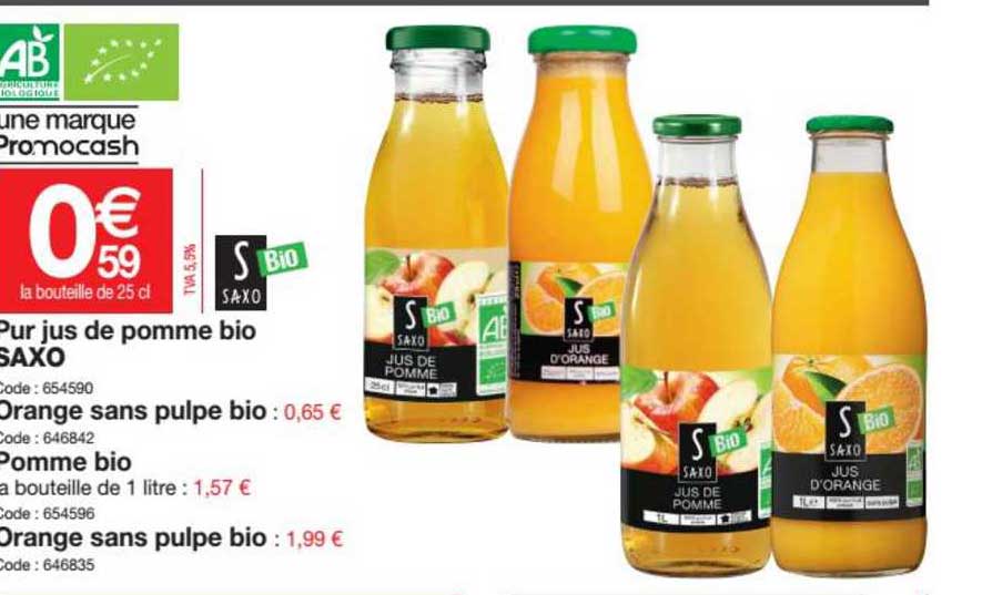 Offre Pur Jus  De Pomme Bio Saxo  Orange  Sans Pulpe Bio 