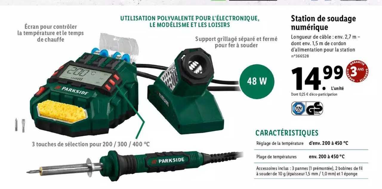 Station De Soudage Parkside Réglable 100-500°C – Fer à Souder 48W, Pointes Interchangeables – Inclut étain, éponge, Support – Pour électronique, Modélisme