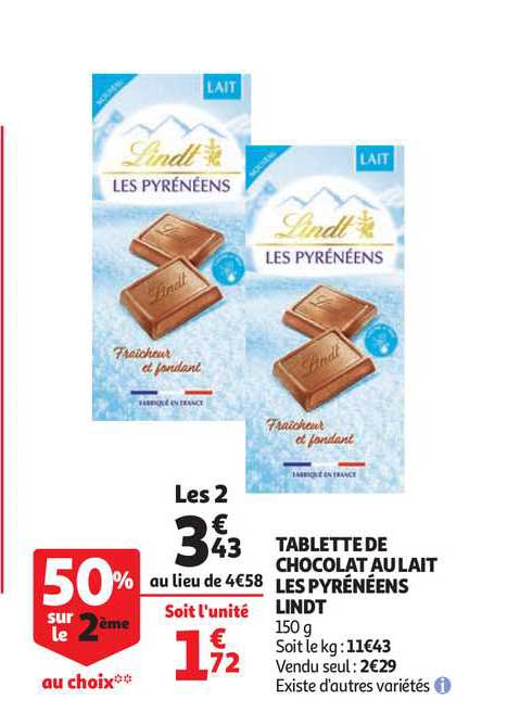 Tablette de chocolat Lait LES PYRENEENS LINDT : la tablette de 150g à Prix  Carrefour