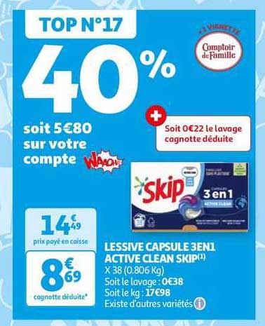 Promo LESSIVE CAPSULE ACTIVE CLEAN SKIP chez Auchan