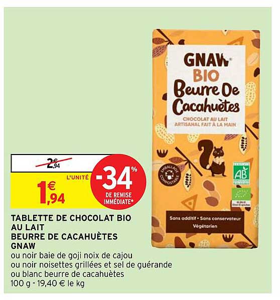 Promo Tablette De Chocolat Bio Au Lait Beurre De Cacahuètes Gnaw chez Intermarché iCatalogue.fr