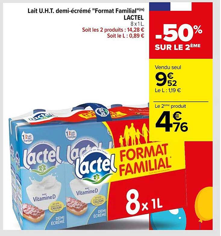 Promo Lactel lait uht matin léger sans lactose 1,2% mat.gr. format familial  chez E.Leclerc