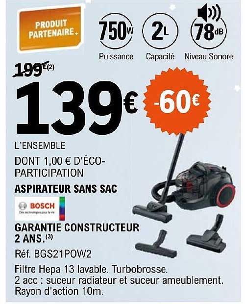 Promo Aspirateur Sans Sac Bosch chez E.Leclerc iCatalogue.fr
