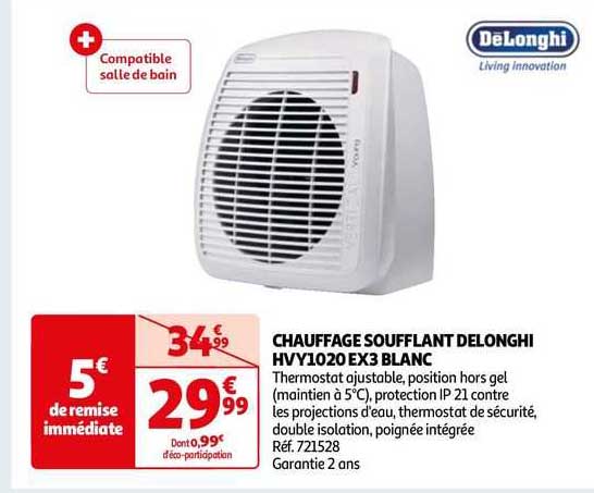 Promo CHAUFFAGE SOUFFLANT DELONGHI HVY1020 EX3 BLANC chez Auchan
