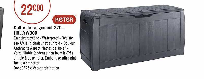 Keter Hollywood XL OUTDOOR/INDOOR Boîte de rangement imitation bois gris 270 L NEUF 