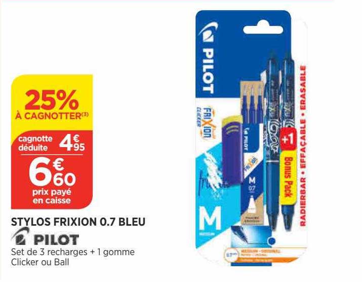 Pilot FriXion - Pack De 2 Stylos Effaçables à Friction - Encre Bleue, Pointe 0,7 Mm - Efface Avec La Gomme Intégrée - Idéal Pour Notes Et Brouillons