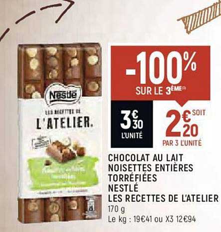 Chocolat au lait noisettes entières torréfiées l'atelier Nestlé - 170g