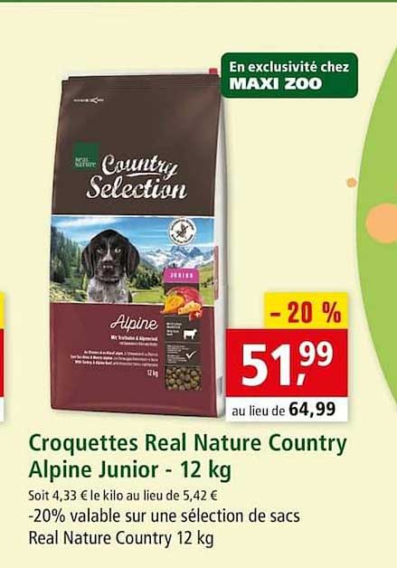 have på Portal forklare Promo Croquettes Real Nature Country Alpine Junior 12 Kg chez Maxi Zoo -  iCatalogue.fr