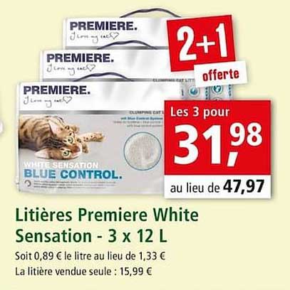 Offre Litiere Premiere White Sensation 3 X 12 L 2 1 Offerte Chez Maxi Zoo